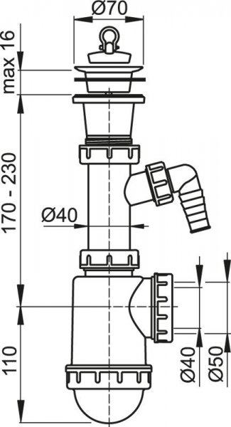 Alcadrain (Alcaplast) Sifón drezový s plastovou mriežkou priemer70 a přípojkou A442P D50/40