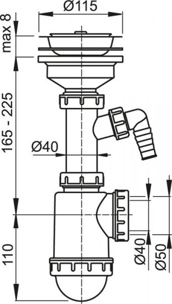 Alcadrain (Alcaplast) Sifón drezový s nerezovou mriežkou priemer115 a prípojkou A446P D50/40