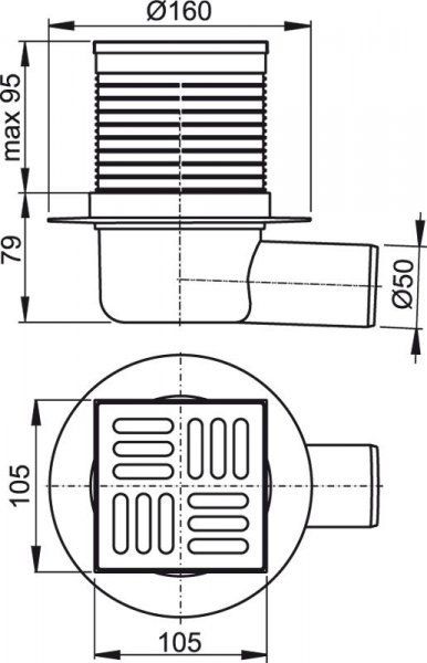 Alcadrain (Alcaplast) Podlahová vpusť 105 × 105/50 bočná, mriežka nerez, kombinovaná zápachová uzávera SMART APV31