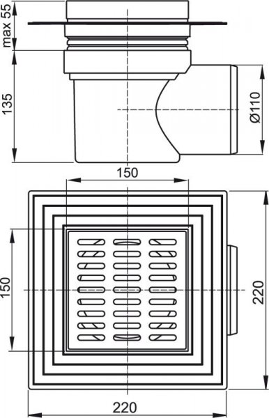 Alcadrain (Alcaplast) Podlahová vpusť 150 × 150/110 bočná, mriežka nerez, límec 2. úrovne izolácie, vodná zápachová uzávera APV12