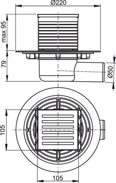 Alcadrain (Alcaplast) Podlahová vpusť 105 × 105/50 bočná, mriežka mosadz-chróm, vodná zápachová uzávera APV103