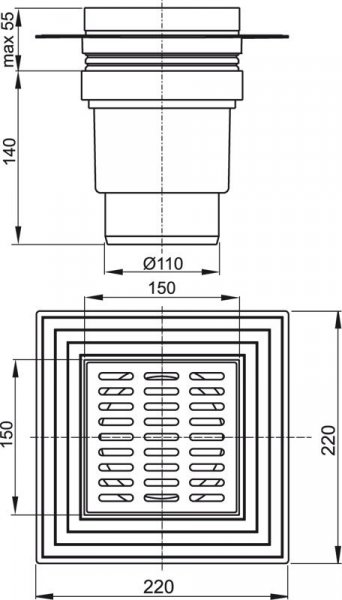 Alcadrain (Alcaplast) Podlahová vpusť 150 × 150/110 priama, mriežka šedá, límec 2. úrovne izolácie, vodná zápachová uzávera APV11