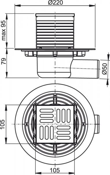 Alcadrain (Alcaplast) Podlahová vpusť 105 × 105/50 bočná, mriežka nerez, kombinovaná zápachová uzávera SMART APV1321