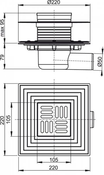Alcadrain (Alcaplast) Podlahová vpusť 105 × 105/50 bočná, mriežka nerez, nerezová príruba a límec 2. úrovne izolácie, kombinovaná zápachová uzávera SMART APV1324