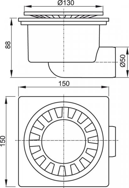 Alcadrain (Alcaplast) Podlahová vpusť 150 × 150/50 bočná, mriežka biela, vodná zápachová uzávera APV15