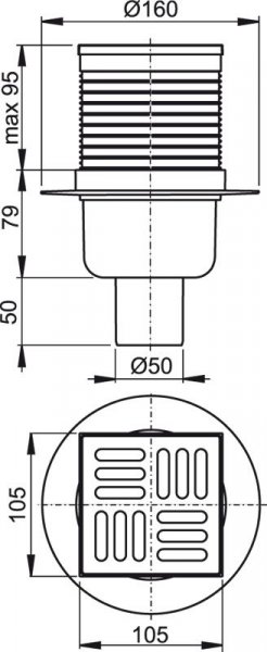 Alcadrain (Alcaplast) Podlahová vpusť 105 × 105/50 priama, mriežka nerez, vodná zápachová uzávera APV2