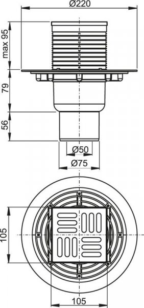 Alcadrain (Alcaplast) Podlahová vpusť 105 × 105/50/75 priama, mriežka mosadz-chróm, vodná zápachová uzávera APV201