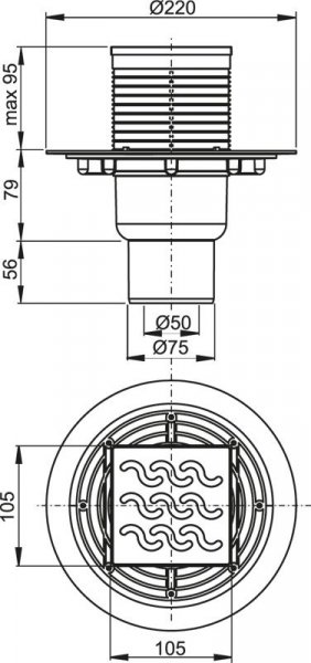 Alcadrain (Alcaplast) Podlahová vpusť 105 × 105/50/75 priama, mriežka mosadz-chróm, vodná zápachová uzávera APV202