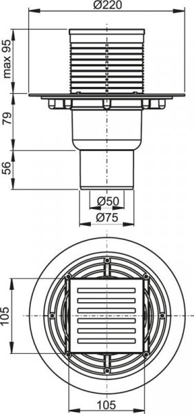 Alcadrain (Alcaplast) Podlahová vpusť 105 × 105/50/75 priama, mriežka mosadz-chróm, vodná zápachová uzávera APV203
