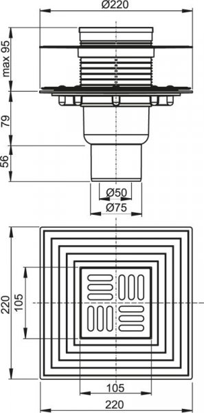 Alcadrain (Alcaplast) Podlahová vpusť 105 × 105/50 priama, mriežka nerez, nerezová príruba a límec 2. úrovne izolácie, kombinovaná zápachová uzávera SMART APV2324
