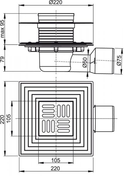 Alcadrain (Alcaplast) Podlahová vpusť 105 × 105/50/75 bočná, mriežka nerez, nerezová príruba a límec 2. úrovne izolácie, vodná a suchá zápachová uzávera APV3344