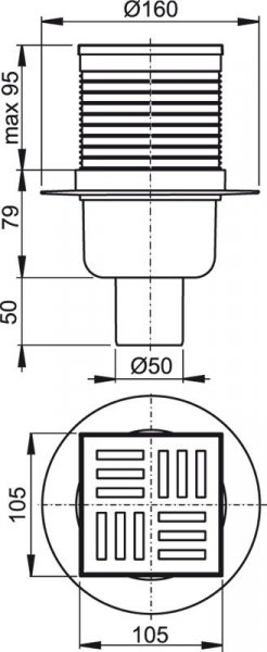 Alcadrain (Alcaplast) Podlahová vpusť 105 × 105/50 priama, mriežka šedá, vodná zápachová uzávera APV6111