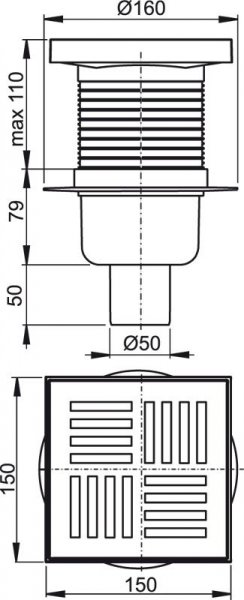 Alcadrain (Alcaplast) Podlahová vpusť 150 × 150/50 priama, mriežka šedá, vodná zápachová uzávera APV6211