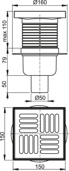 Alcadrain (Alcaplast) Podlahová vpusť 150 × 150/50 priama, mriežka nerez, vodná zápachová uzávera APV6411