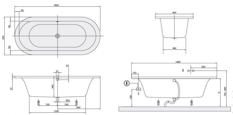 Villeroy & Boch Loop & friends oválna vaňa s oválnym vnútrom akrylát, 1800x800x440 mm, biela UBA180LFO7V-01