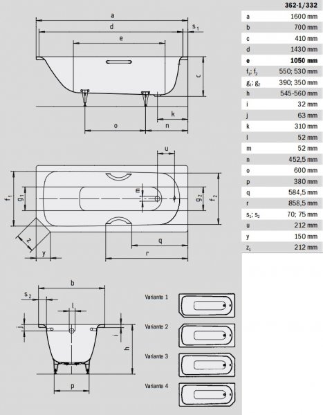 Kaldewei Saniform V1-V4 Obdĺžniková vaňa 1600×700×410 mm, smaltovaná oceľ, biela, rôzne prevedenia