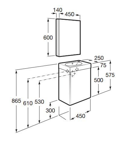 ROCA Pack Mini Nábytková zostava (skrinka s umývadlom a hornou skrinkou so zrkadlom) 450 x 250 x 575 mm, rôzne prevedenia