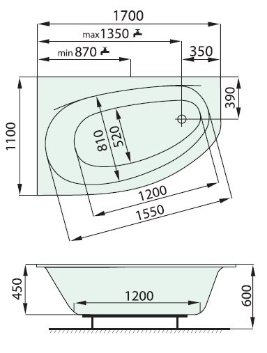 SANTECH Area Asymetrická vaňa akrylát, 1700x1100x450 mm, rôzne prevedenia