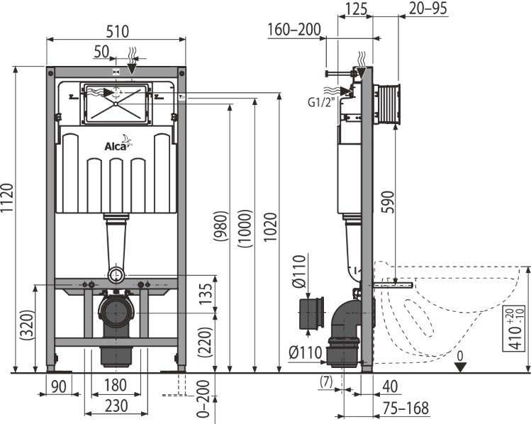 Alcadrain (Alcaplast) Predstenový inštalačný systém pre suchú inštaláciu (do sadrokartónu) AM101/1120