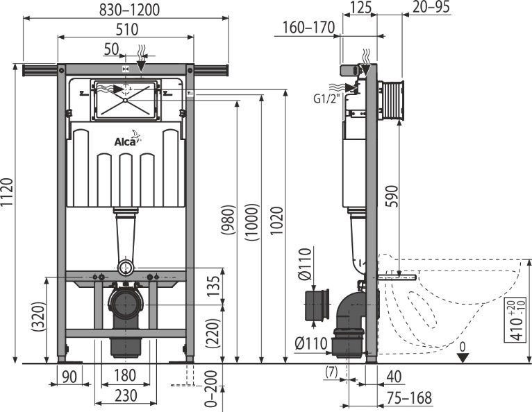 Alcadrain (Alcaplast) Predstenový inštalačný systém pre suchú inštaláciu (predovšetkým při rekoštrukcii bytových jadier) AM102/1120