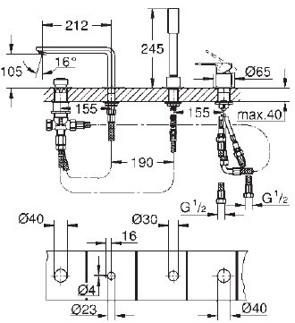 Grohe Lineare různé provedení 19577001 Páková vanová čtyřotvorová kombinace