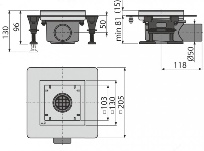 Alcadrain (Alcaplast) Podlahová vpusť nerezová nízka 130×130 mm bočná APV120