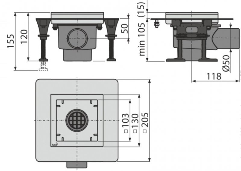 Alcadrain (Alcaplast) Podlahová vpusť nerezová 130×130 mm bočná APV130