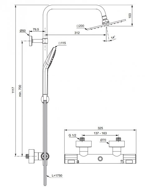 IDEAL Standard CeraTherm T Sprchový systém s termostatickou batériou Ceratherm T100, ručná sprcha Evo DIAMOND chróm A7240AA