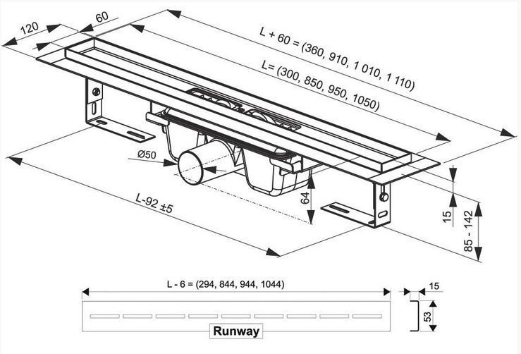 RAVAK Runway Odtokový žľab umiestnenie do priestoru rôzne rozmery a prevedenia OZ