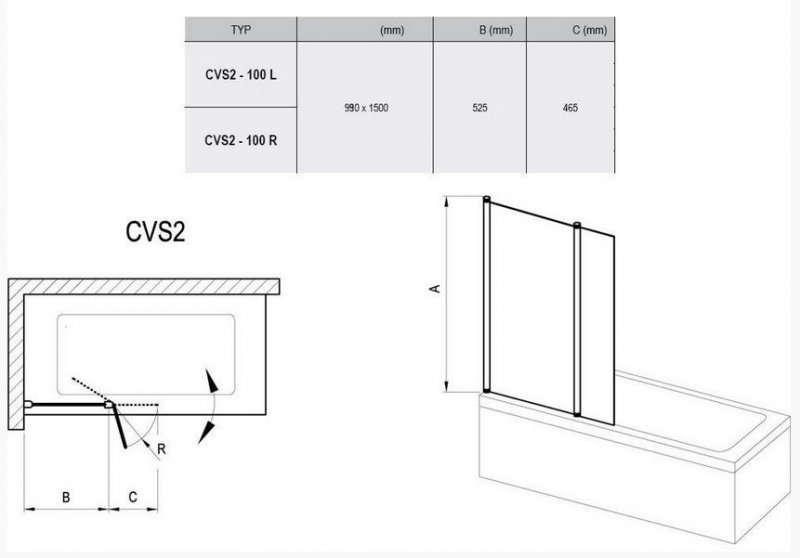 RAVAK Chrome Vaňová stena dvojdielna 990x1500 mm, rôzne prevedenia CVS2