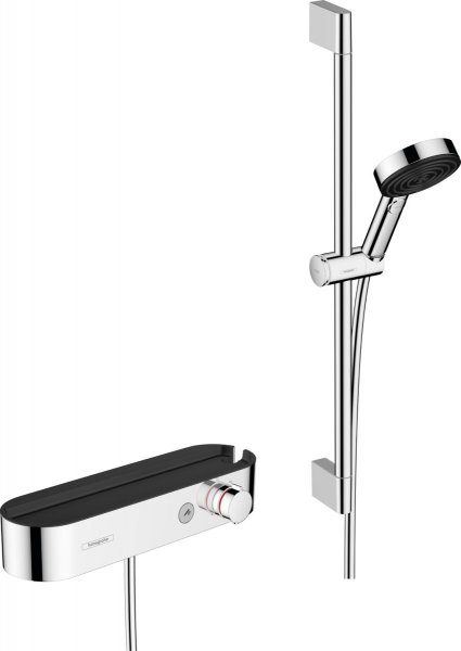 HANSGROHE Pulsify Select Sprchový systém 105 3jet Relaxation s ručnou sprchou, termostatom, sprchovou tyčou, jezdcom a sprchovou hadicou chróm, rôzne prevedenia