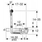 Geberit Vaňový odtok s otočným ovládaním, d52, dĺžka 32 cm, s pripájacím kolenom, protiprúdový princíp 150.595.00.6