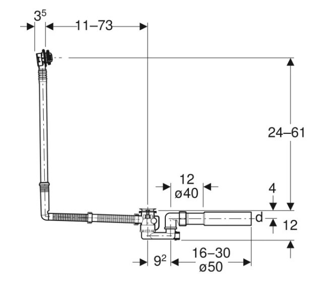 Geberit Vanový odtok s otočným ovládáním, d52, délka 73 cm, se soupravou pro konečnou montáž s lesklým pochromováním 150.525.21.6