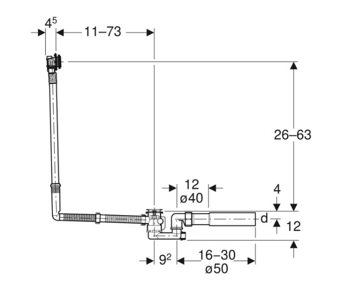 Geberit Vanový odtok s otočným ovládáním a přívodem, d52, délka 73 cm, se soupravou pro konečnou montáž s lesklým pochromováním 150.711.21.6