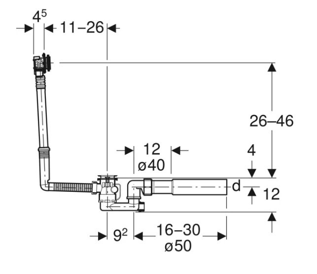 Geberit Vanový odtok s otočným ovládáním a přívodem, d52, délka 26 cm 150.700.00.6
