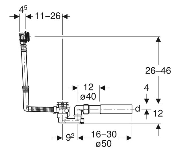 Geberit Vanový odtok s otočným ovládáním a přívodem, d52, délka 26 cm, se soupravou pro konečnou montáž s lesklým pochromováním 150.710.21.6