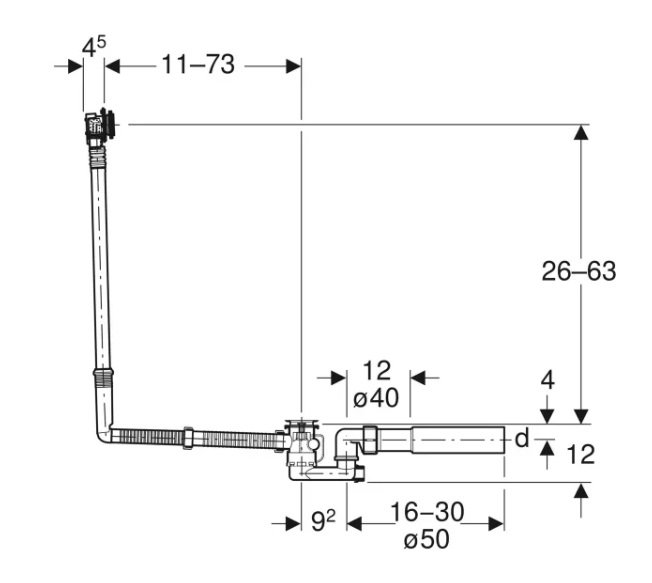 Geberit Vanový odtok s otočným ovládáním a přívodem, d52, délka 73 cm 150.701.00.6