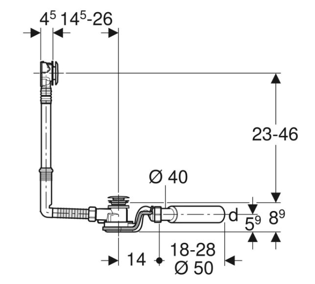Geberit Vanový odtok se stlačovacím ovládáním PushControl, d52, délka 26 cm, se soupravou pro konečnou montáž a připojovacím kolenem s lesklým pochromováním 150.755.21.6