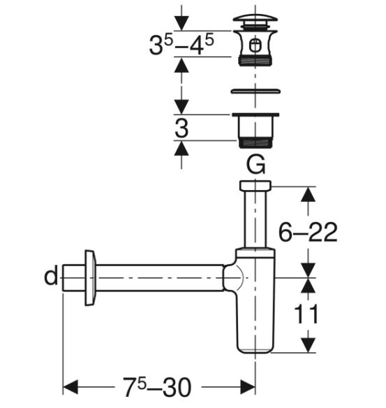 Geberit Umyvadlový odtok se zápachovou uzávěrkou, vnější ventilová zátka se stlačovacím ovládáním, vodorovný odtok s lesklým pochromováním 151.021.21.1