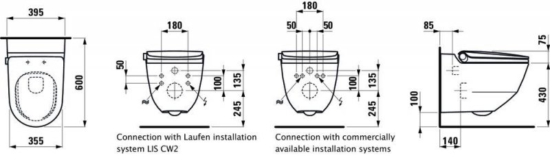 Laufen RIVA Závesný klozet rimless so zabudovanou bidetovou sprškou 60 × 39,5 cm, rôzne prevedenia