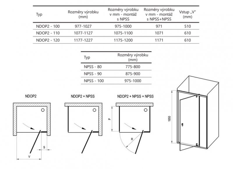 RAVAK Nexty Sprchové dvere dvojdielne (do niky alebo v kombinácii s NPSS) rôzne prevedenia, číre sklo NDOP2