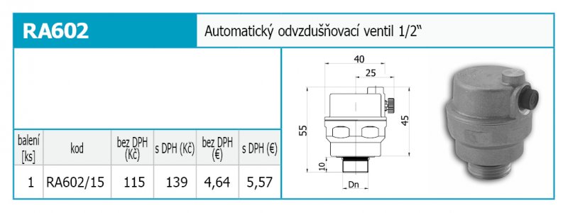 Novaservis Automatický odvzdušňovací ventil 1/2" RA602/15