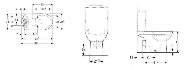 Geberit Selnova Stojacie WC pre splachovaciu nádržku, s hlbokým splachovaním, vodorovný odtok, čiastočne skryté upevnenie, Rimfree 360 x 400 x 680 mm 500.285.01.7