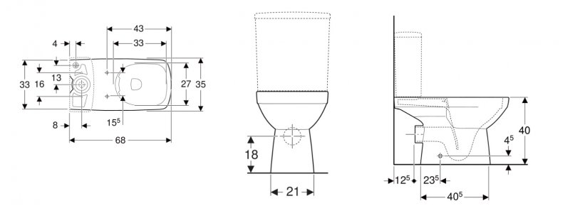 Geberit Selnova Square Stojacie WC pre splachovaciu nádržku, s hlbokým splachovaním, čiastočne skryté upevnenie, Rimfree 350 x 400 x 680 mm 501.563.01.7