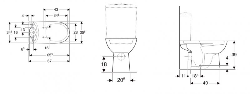 Geberit Selnova Stojacie WC pre splachovaciu nádržku umiestnenú na WC mise, s hlbokým splachovaním, vodorovný odtok 360 x 390 x 670 mm 500.282.01.5