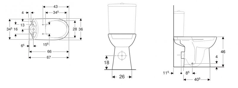 Geberit Selnova Comfort Stojacie WC Geberit pre splachovaciu nádržku umiestnenú na WC mise, s hlbokým splachovaním, vodorovný odtok, zvýšené 360 x 460 x 670 mm 500.284.01.5